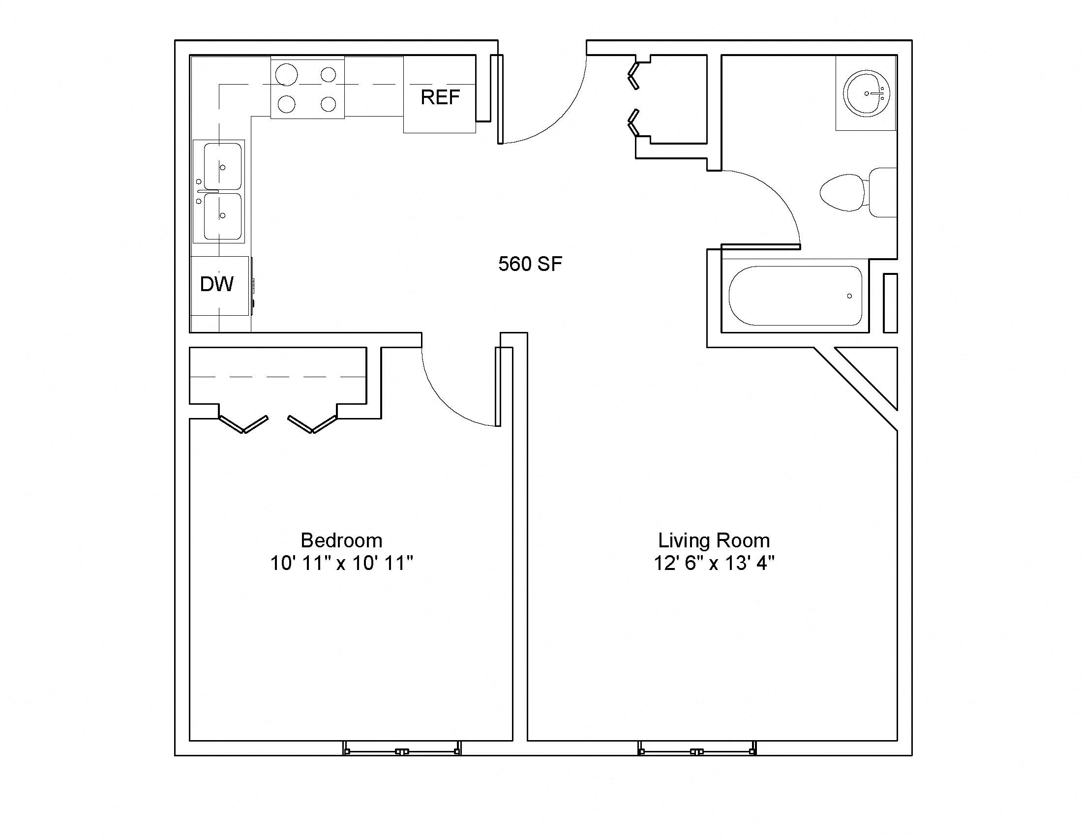Floor plan for 1 bed, 1 bath, 576 sqft